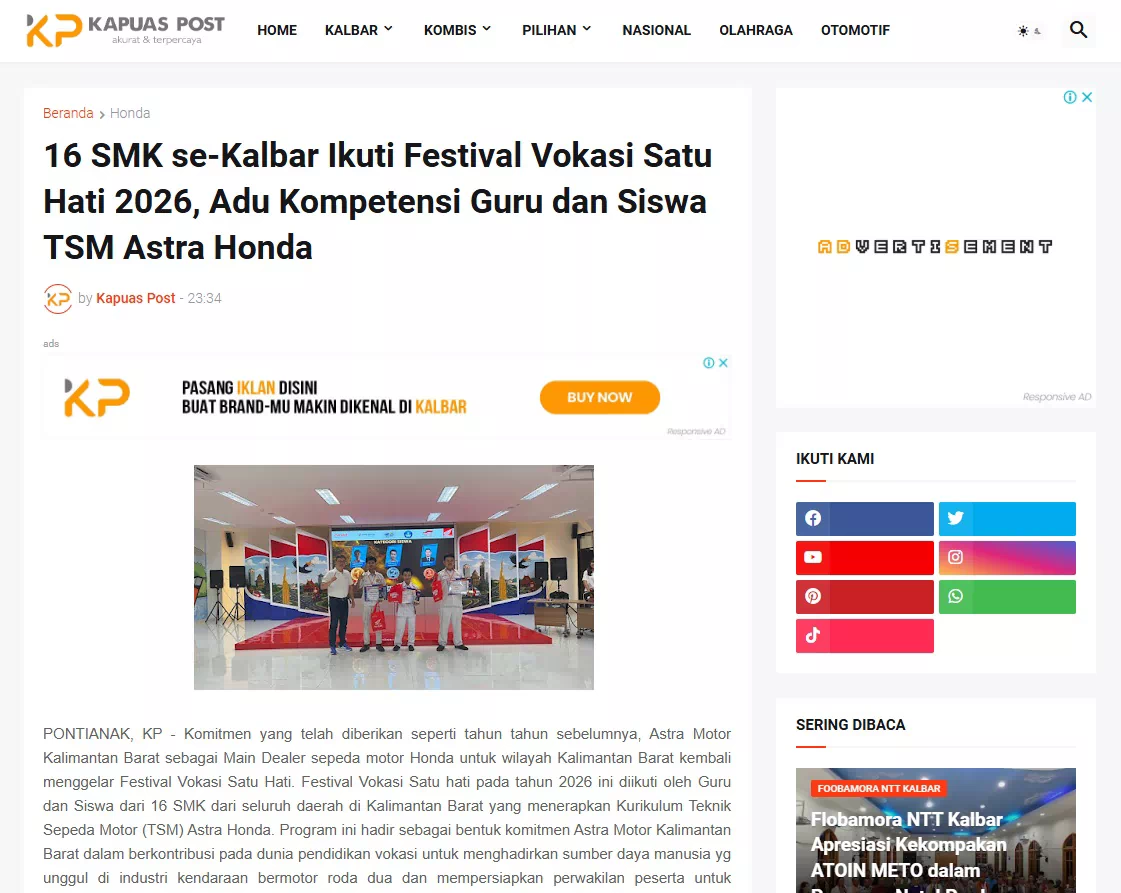 16 SMK se-Kalbar Ikuti Festival Vokasi Satu Hati 2026, Adu Kompetensi Guru dan Siswa TSM Astra Honda