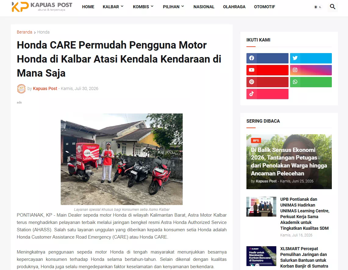 Honda CARE Permudah Pengguna Motor Honda di Kalbar Atasi Kendala Kendaraan di Mana Saja