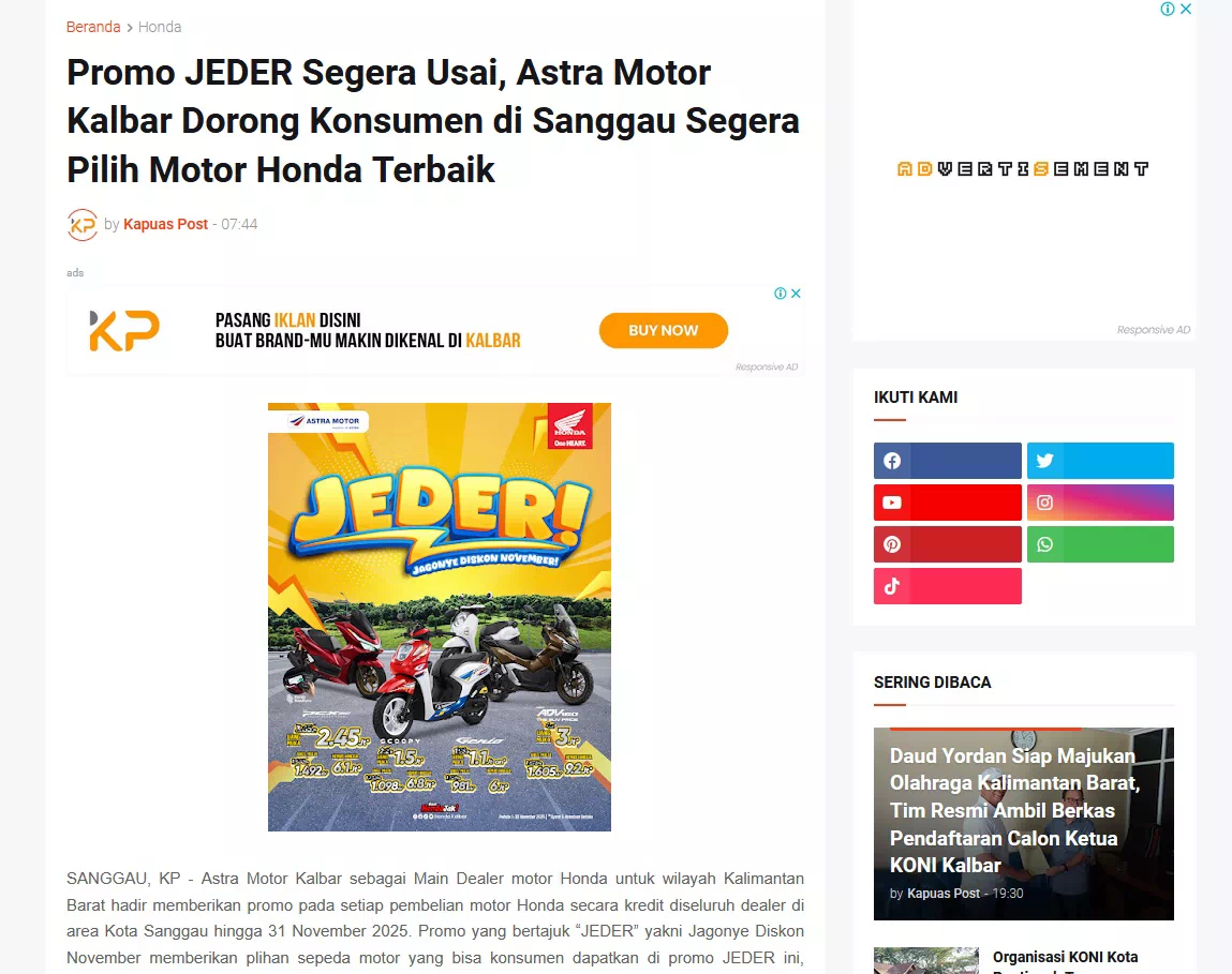Promo JEDER Segera Usai, Astra Motor Kalbar Dorong Konsumen di Sanggau Segera Pilih Motor Honda Terbaik