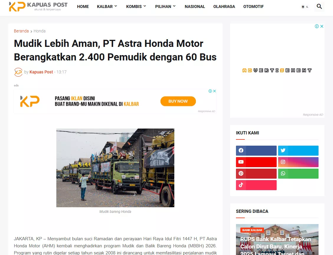 Mudik Lebih Aman, PT Astra Honda Motor Berangkatkan 2.400 Pemudik dengan 60 Bus