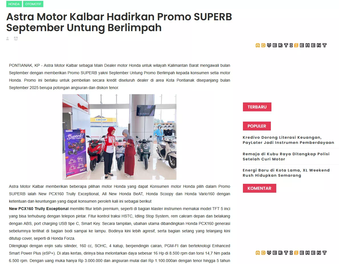 Astra Motor Kalbar Hadirkan Promo SUPERB September Untung Berlimpah