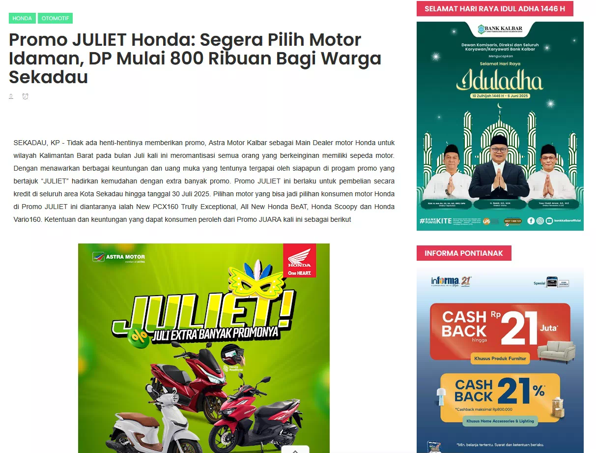 Promo JULIET Honda: Segera Pilih Motor Idaman, DP Mulai 800 Ribuan Bagi Warga Sekadau