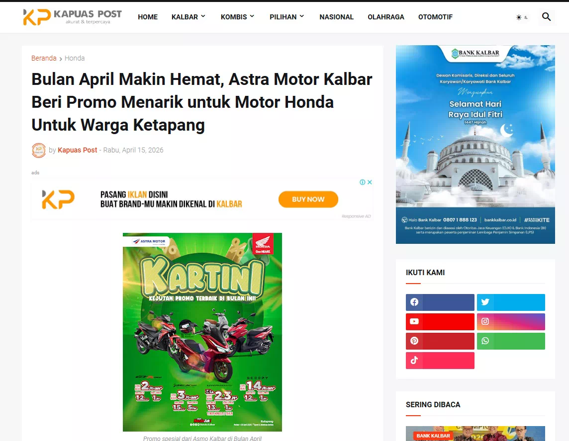 Bulan April Makin Hemat, Astra Motor Kalbar Beri Promo Menarik untuk Motor Honda Untuk Warga Ketapang
