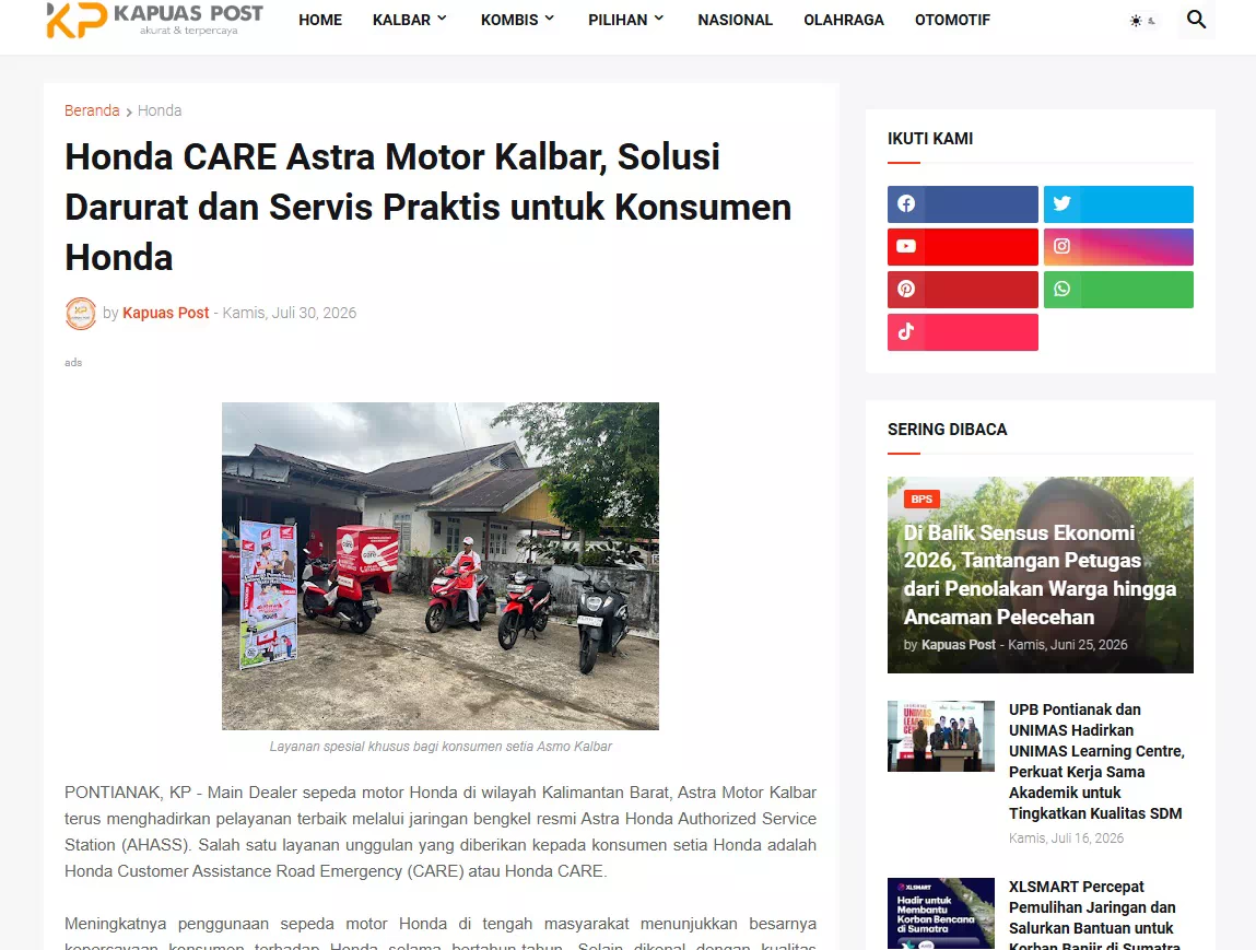 Honda CARE Astra Motor Kalbar, Solusi Darurat dan Servis Praktis untuk Konsumen Honda