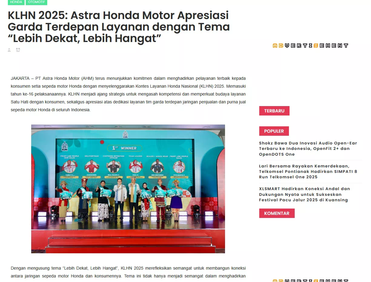 KLHN 2025: Astra Honda Motor Apresiasi Garda Terdepan Layanan dengan Tema “Lebih Dekat, Lebih Hangat”