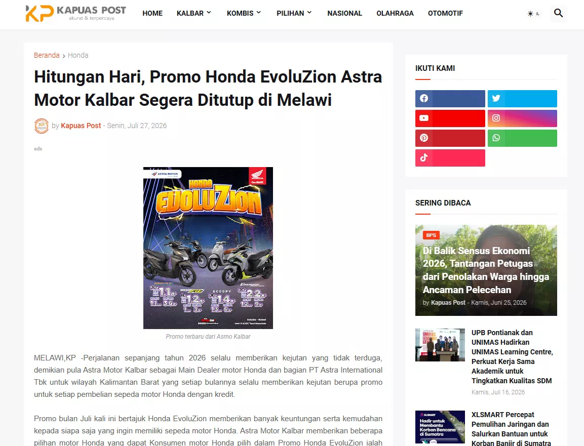 Hitungan Hari, Promo Honda EvoluZion Astra Motor Kalbar Segera Ditutup di Melawi