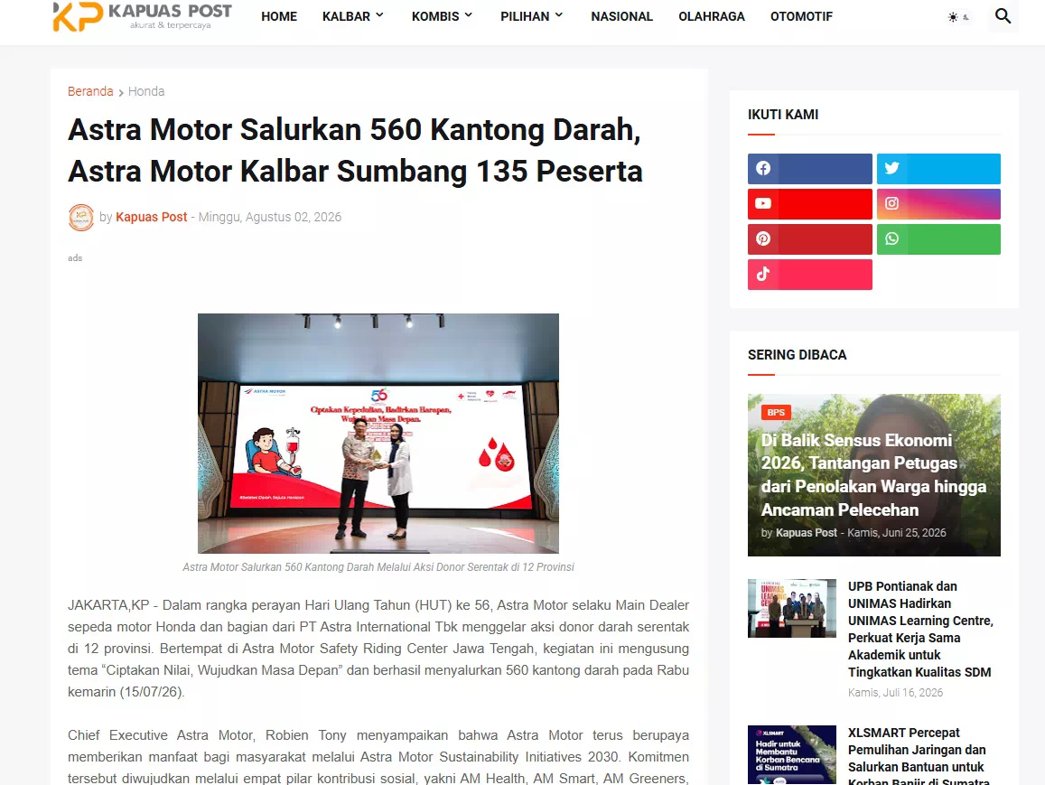 Astra Motor Salurkan 560 Kantong Darah, Astra Motor Kalbar Sumbang 135 Peserta
