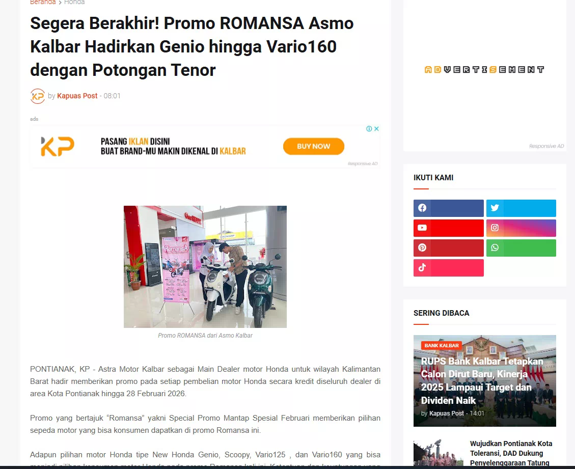 Segera Berakhir! Promo ROMANSA Asmo Kalbar Hadirkan Genio hingga Vario160 dengan Potongan Tenor
