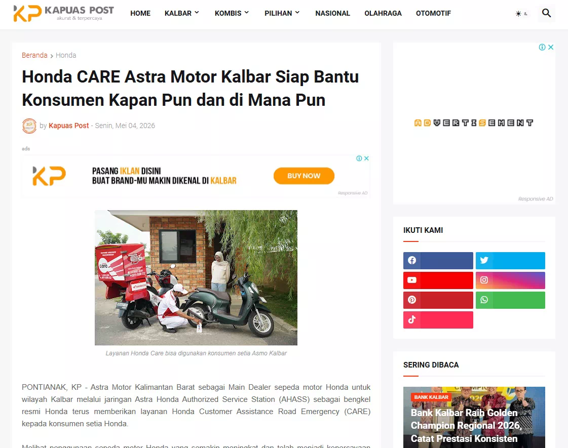 Honda CARE Astra Motor Kalbar Siap Bantu Konsumen Kapan Pun dan di Mana Pun