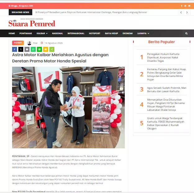 Astra Motor Kalbar Meriahkan Agustus dengan Deretan Promo Motor Honda Spesial