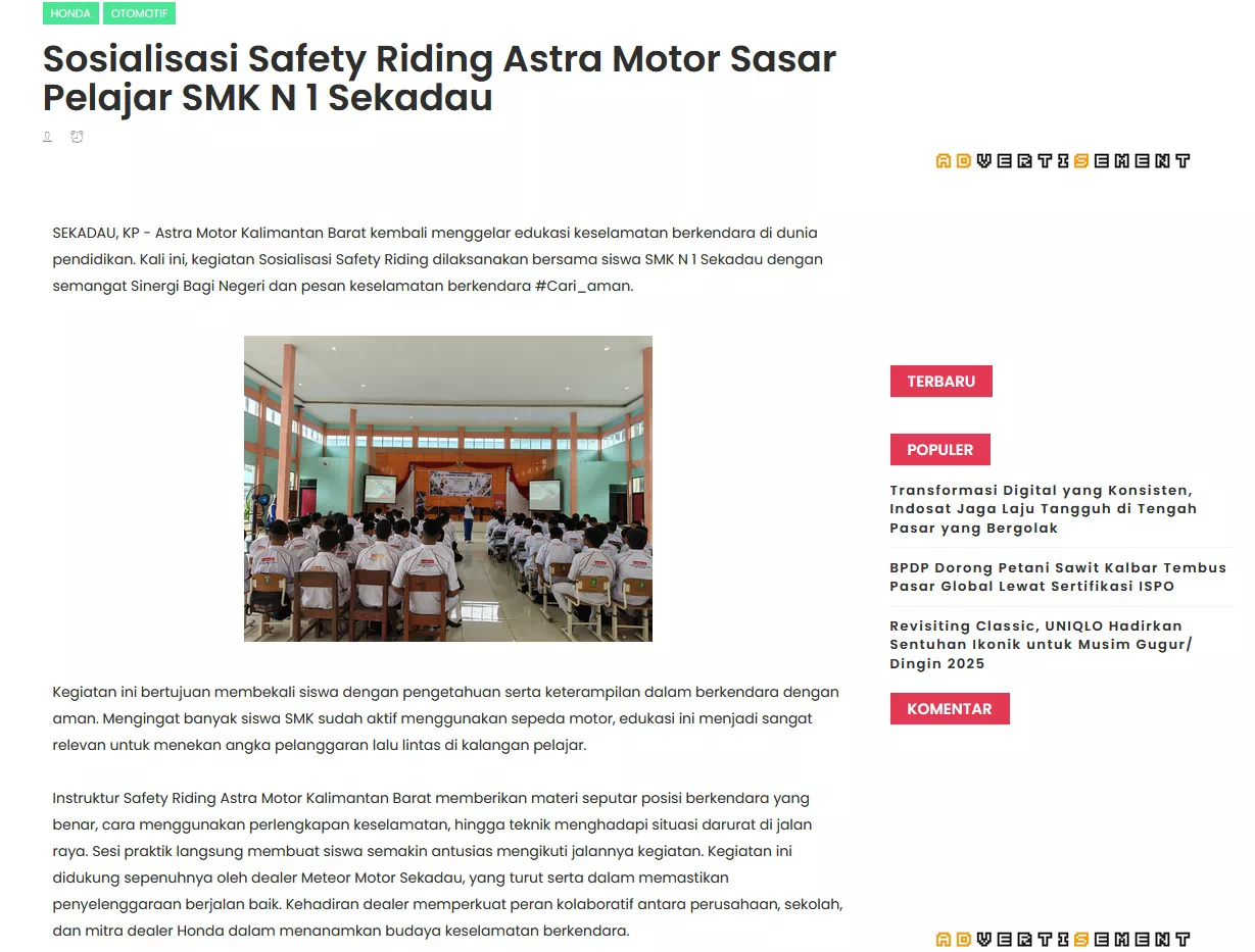 Sosialisasi Safety Riding Astra Motor Sasar Pelajar SMK N 1 Sekadau