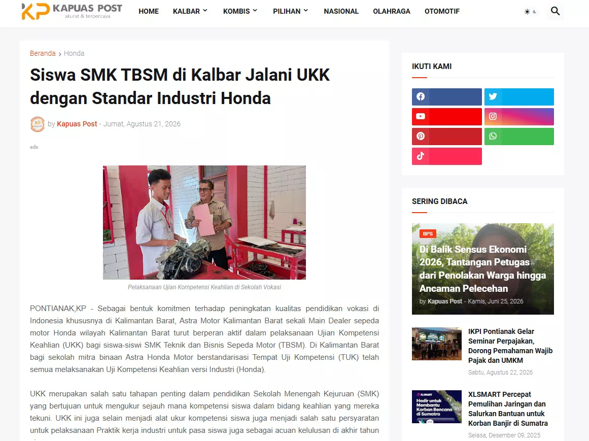 Siswa SMK TBSM di Kalbar Jalani UKK dengan Standar Industri Honda