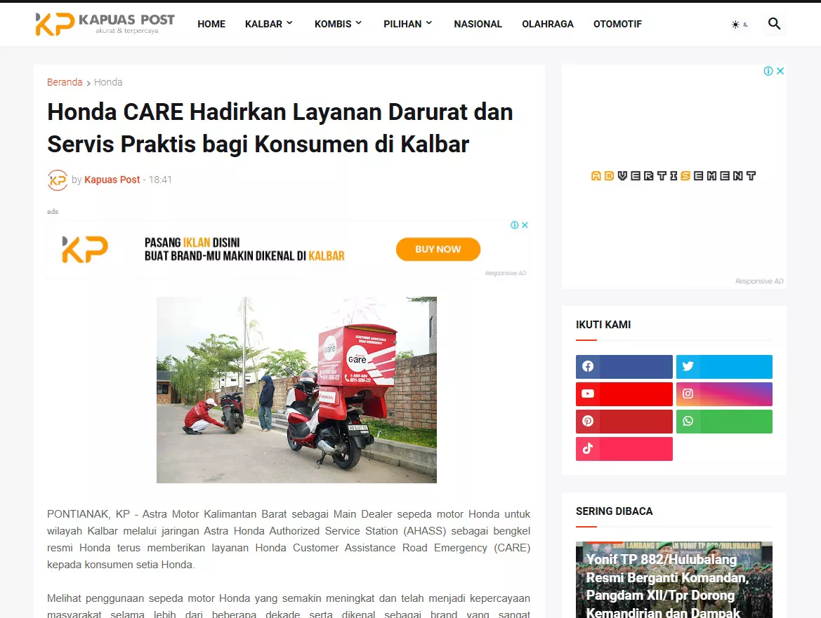 Honda CARE Hadirkan Layanan Darurat dan Servis Praktis bagi Konsumen di Kalbar