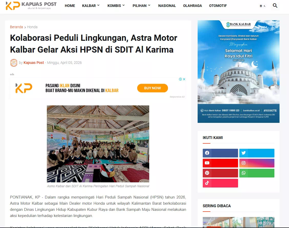 Kolaborasi Peduli Lingkungan, Astra Motor Kalbar Gelar Aksi HPSN di SDIT Al Karima