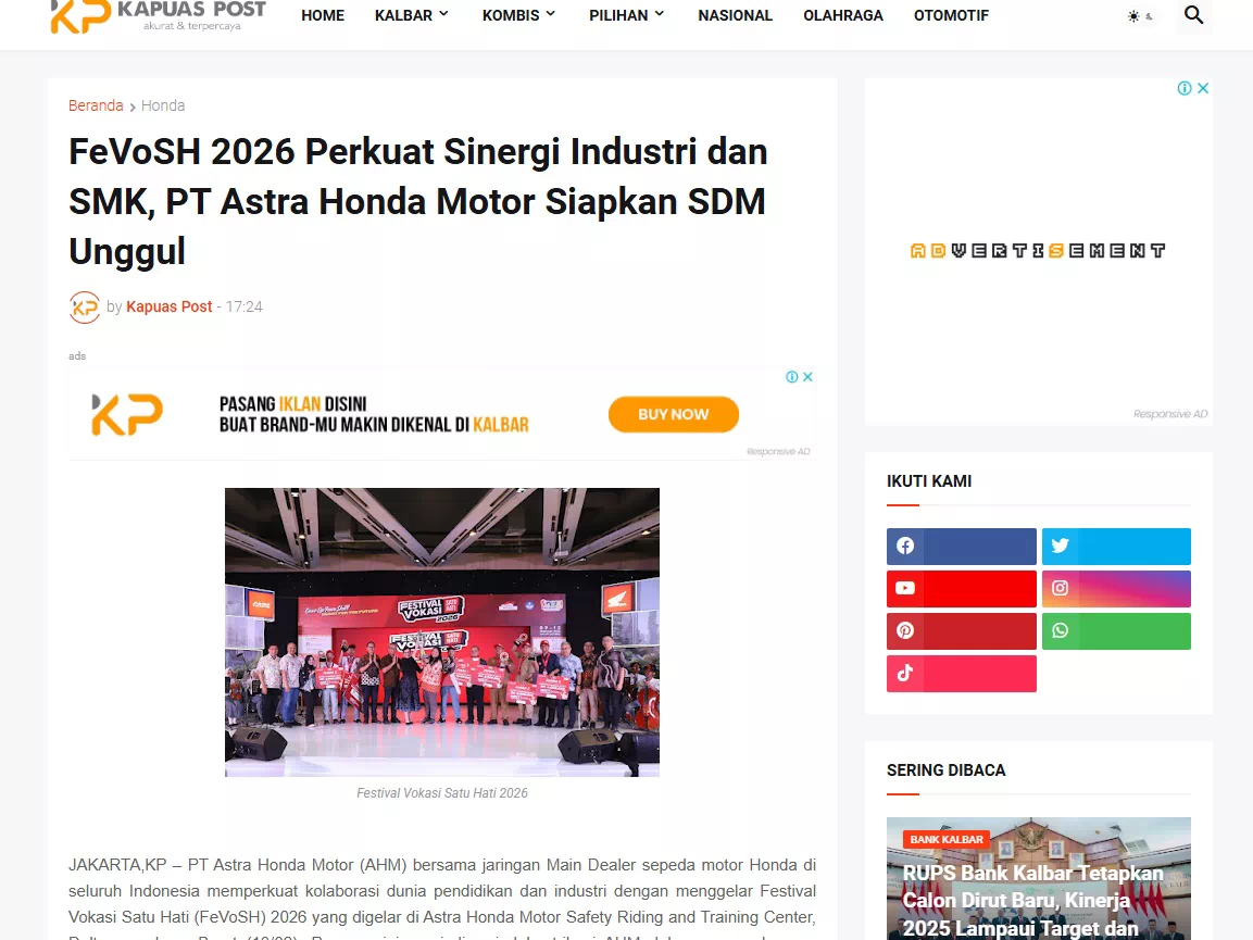 FeVoSH 2026 Perkuat Sinergi Industri dan SMK, PT Astra Honda Motor Siapkan SDM Unggul