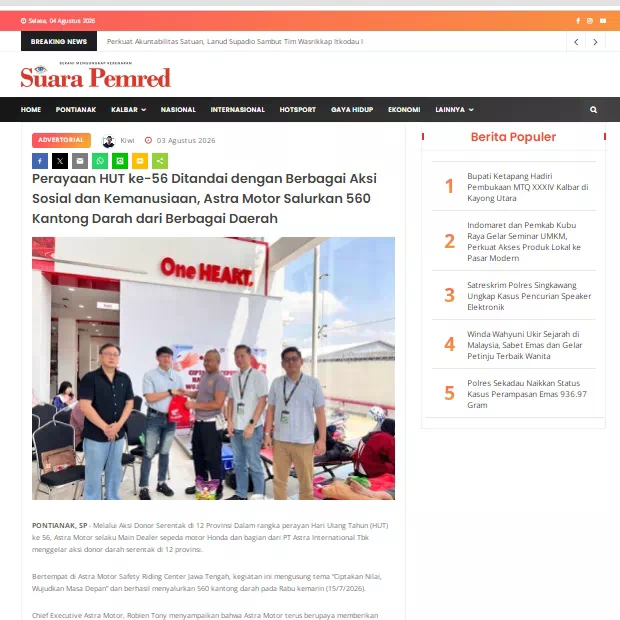 Perayaan HUT ke-56 Ditandai dengan Berbagai Aksi Sosial dan Kemanusiaan, Astra Motor Salurkan 560 Kantong Darah dari Berbagai Daerah