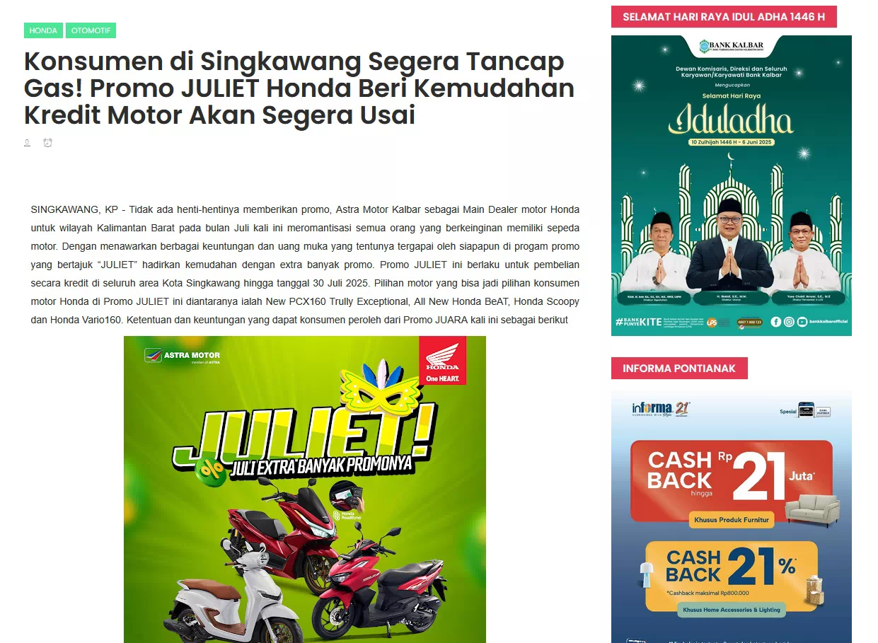 Konsumen di Singkawang Segera Tancap Gas! Promo JULIET Honda Beri Kemudahan Kredit Motor Akan Segera Usai