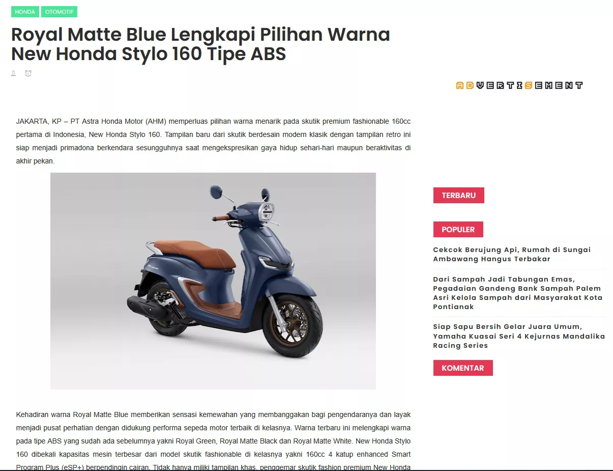 Royal Matte Blue Lengkapi Pilihan Warna New Honda Stylo 160 Tipe ABS