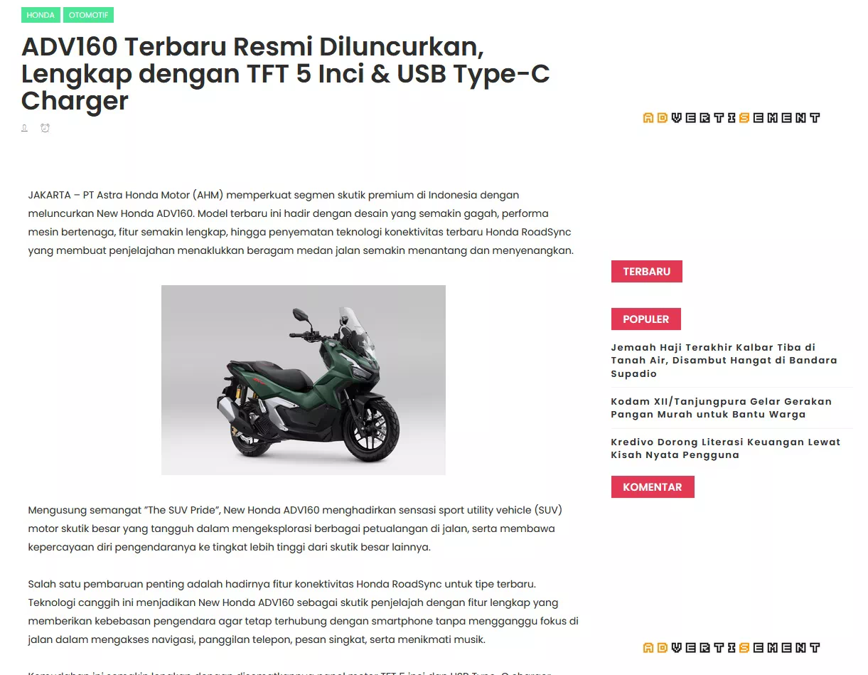 ADV160 Terbaru Resmi Diluncurkan, Lengkap dengan TFT 5 Inci &amp; USB Type-C Charger