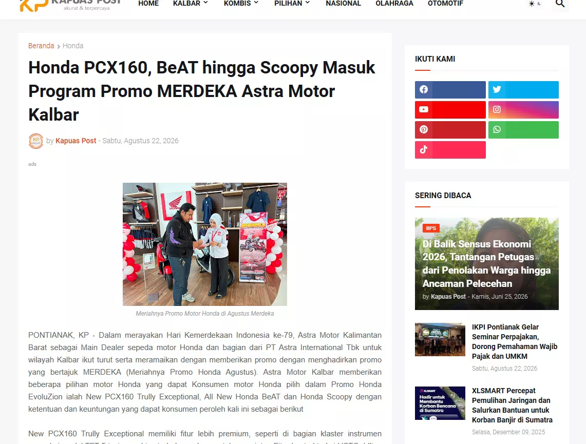 Honda PCX160, BeAT hingga Scoopy Masuk Program Promo MERDEKA Astra Motor Kalbar
