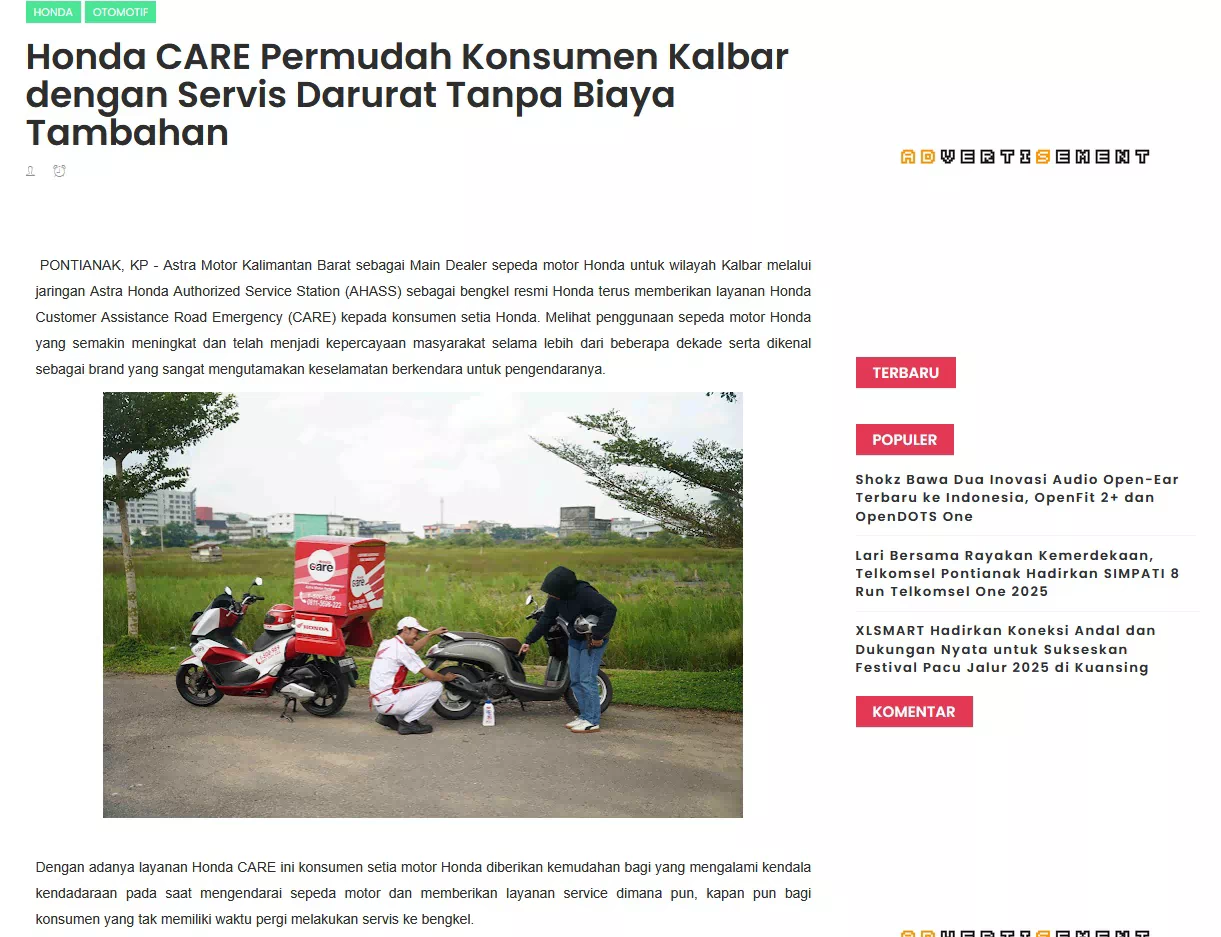 Honda CARE Permudah Konsumen Kalbar dengan Servis Darurat Tanpa Biaya Tambahan