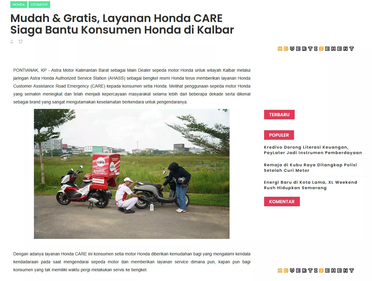 Mudah &amp; Gratis, Layanan Honda CARE Siaga Bantu Konsumen Honda di Kalbar