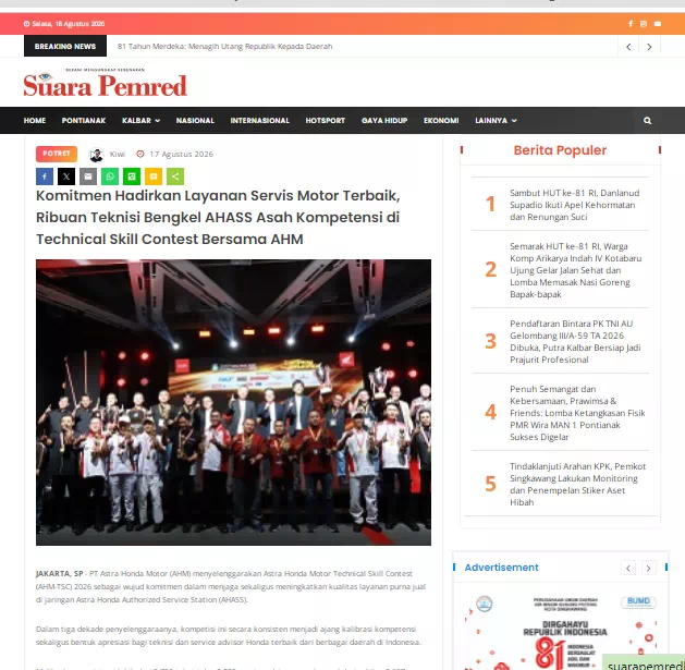 Komitmen Hadirkan Layanan Servis Motor Terbaik, Ribuan Teknisi Bengkel AHASS Asah Kompetensi di Technical Skill Contest Bersama AHM