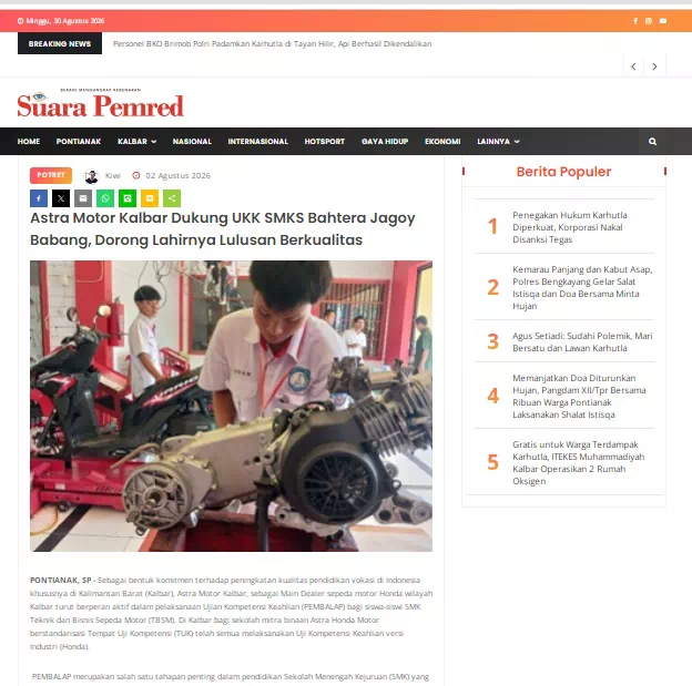 Astra Motor Kalbar Dukung UKK SMKS Bahtera Jagoy Babang, Dorong Lahirnya Lulusan Berkualitas