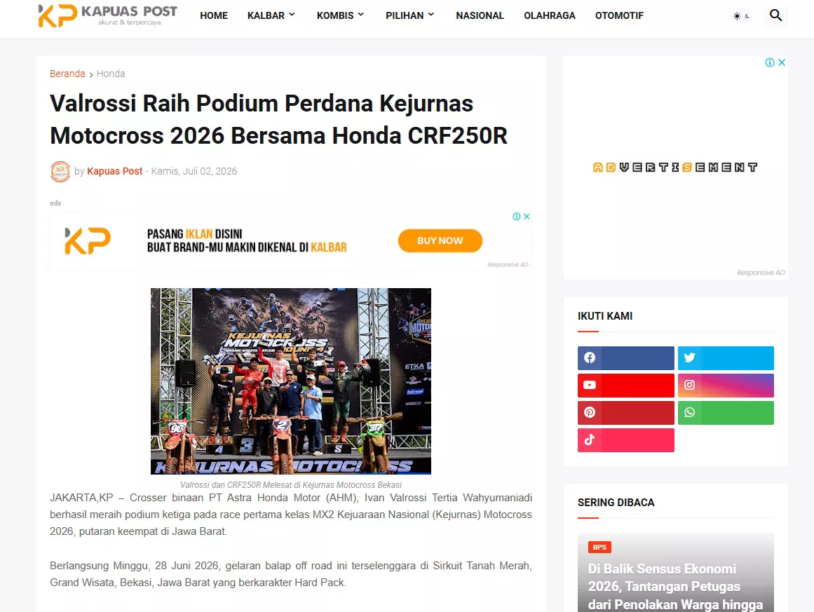 Valrossi Raih Podium Perdana Kejurnas Motocross 2026 Bersama Honda CRF250R