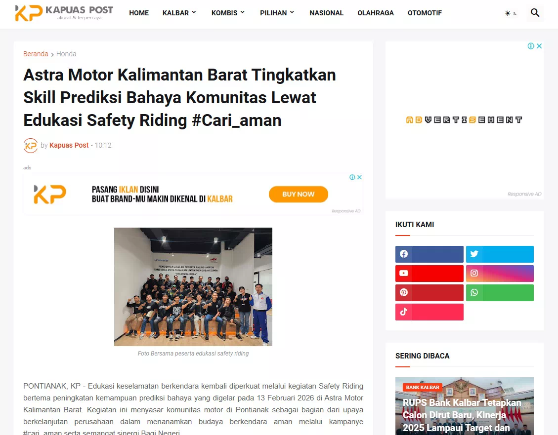 Astra Motor Kalimantan Barat Tingkatkan Skill Prediksi Bahaya Komunitas Lewat Edukasi Safety Riding #Cari_aman