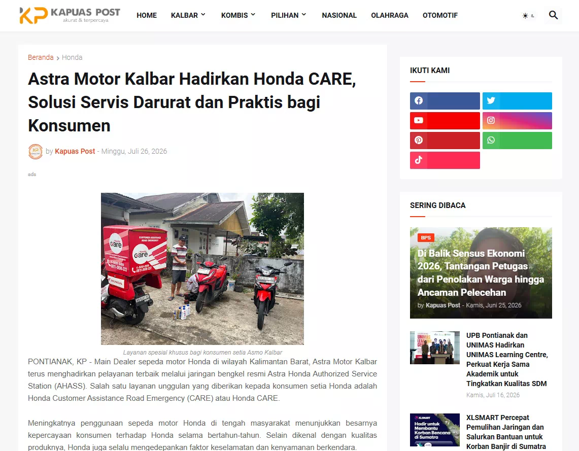 Astra Motor Kalbar Hadirkan Honda CARE, Solusi Servis Darurat dan Praktis bagi Konsumen