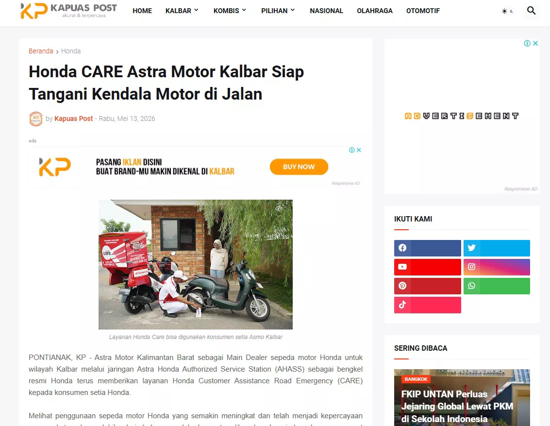Honda CARE Astra Motor Kalbar Siap Tangani Kendala Motor di Jalan
