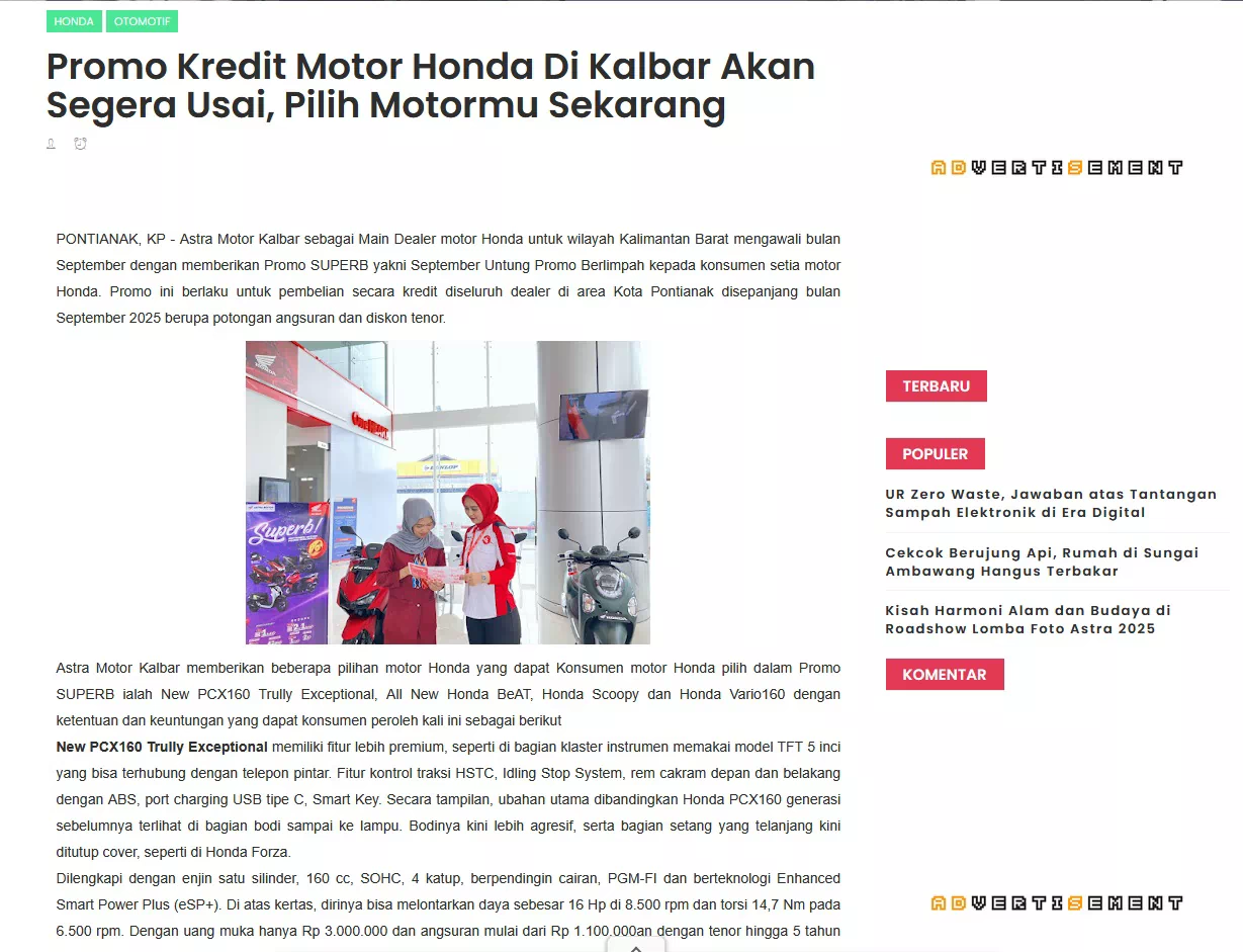 Promo Kredit Motor Honda Di Kalbar Akan Segera Usai, Pilih Motormu Sekarang