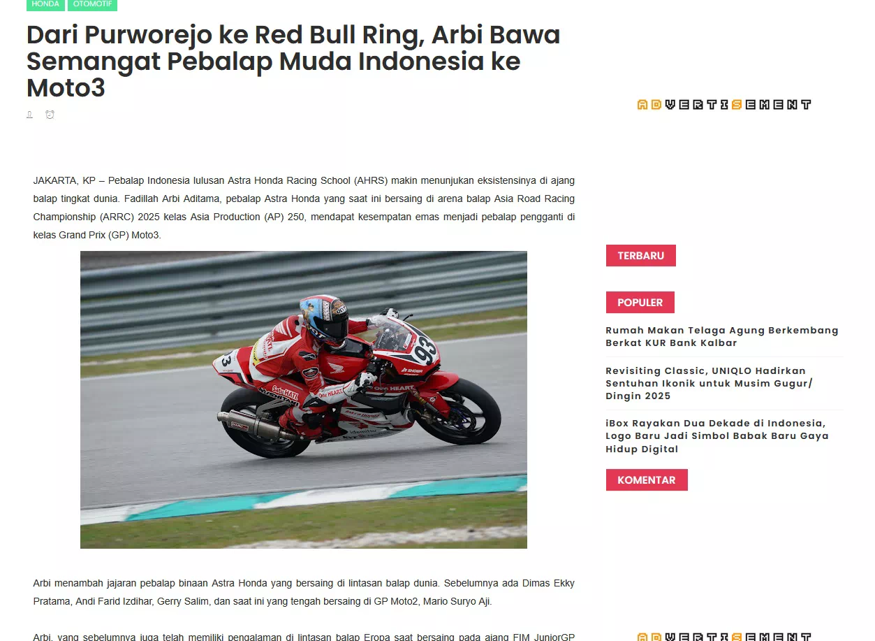 Dari Purworejo ke Red Bull Ring, Arbi Bawa Semangat Pebalap Muda Indonesia ke Moto3