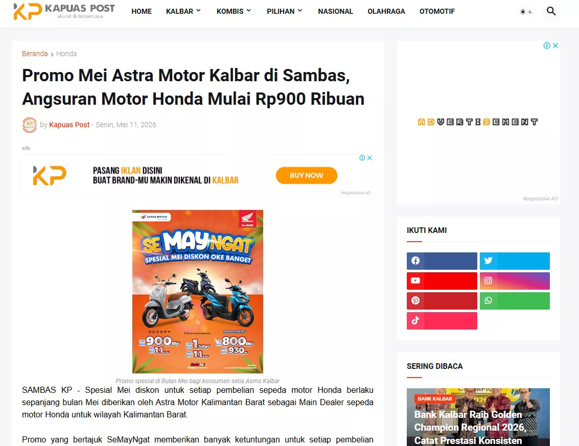 Promo Mei Astra Motor Kalbar di Sambas, Angsuran Motor Honda Mulai Rp900 Ribuan