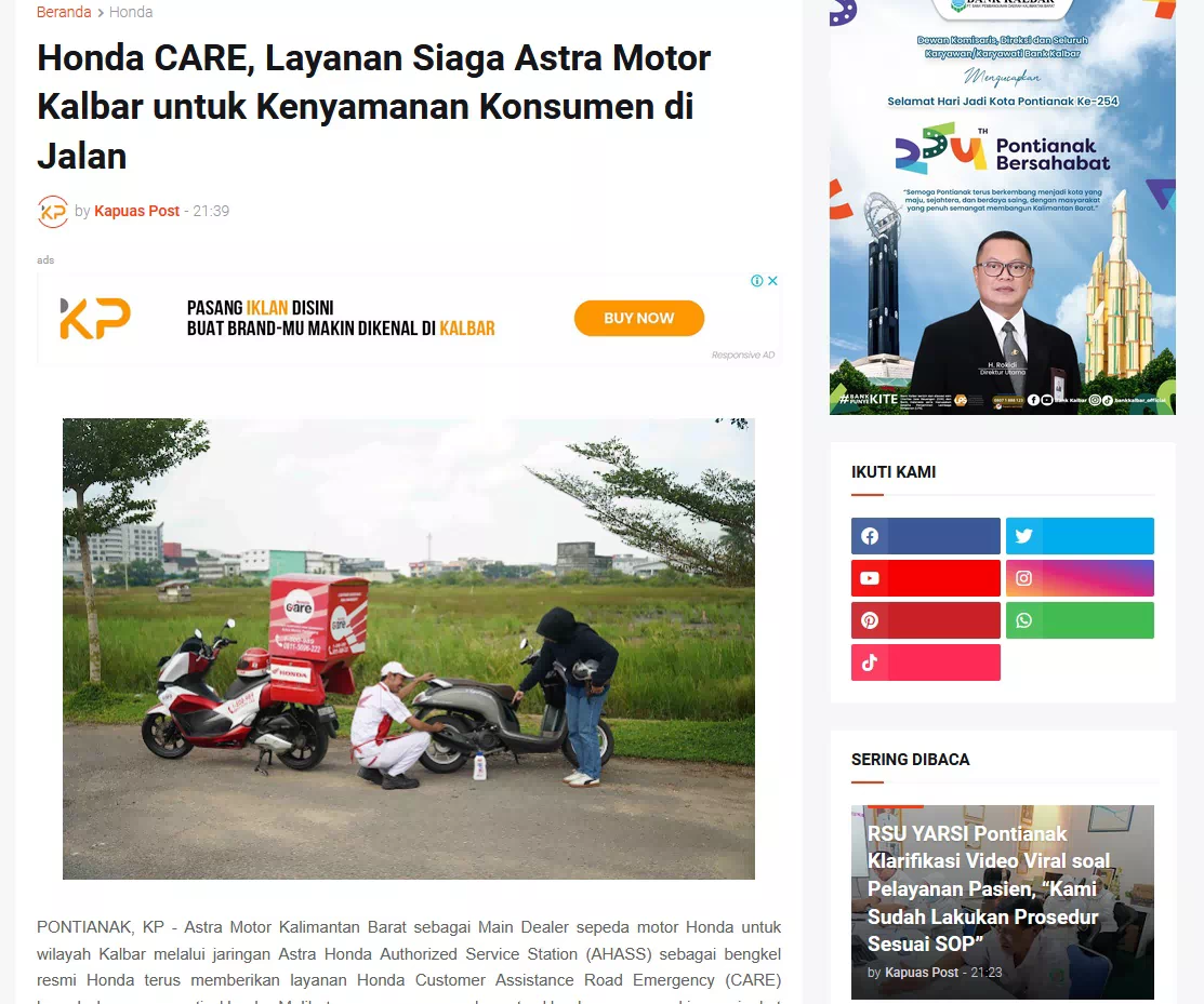 Honda CARE, Layanan Siaga Astra Motor Kalbar untuk Kenyamanan Konsumen di Jalan