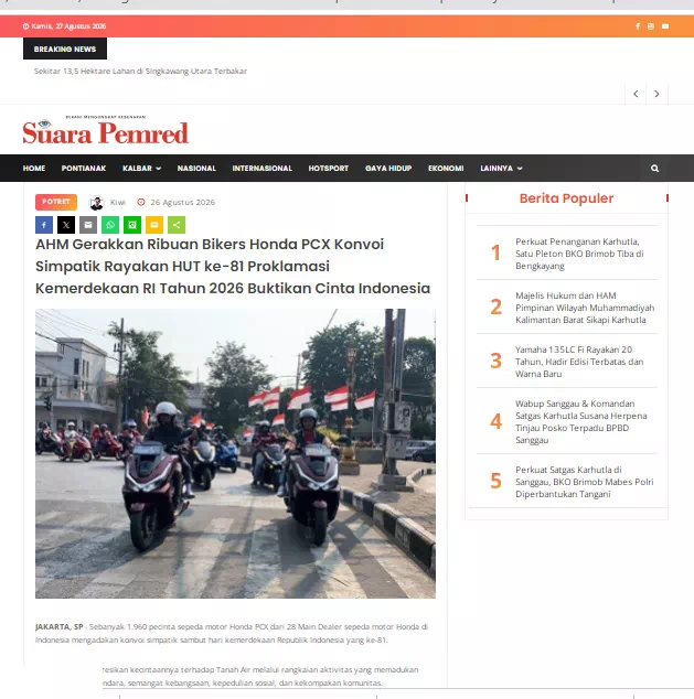 AHM Gerakkan Ribuan Bikers Honda PCX Konvoi Simpatik Rayakan HUT ke-81 Proklamasi Kemerdekaan RI Tahun 2026 Buktikan Cinta Indonesia