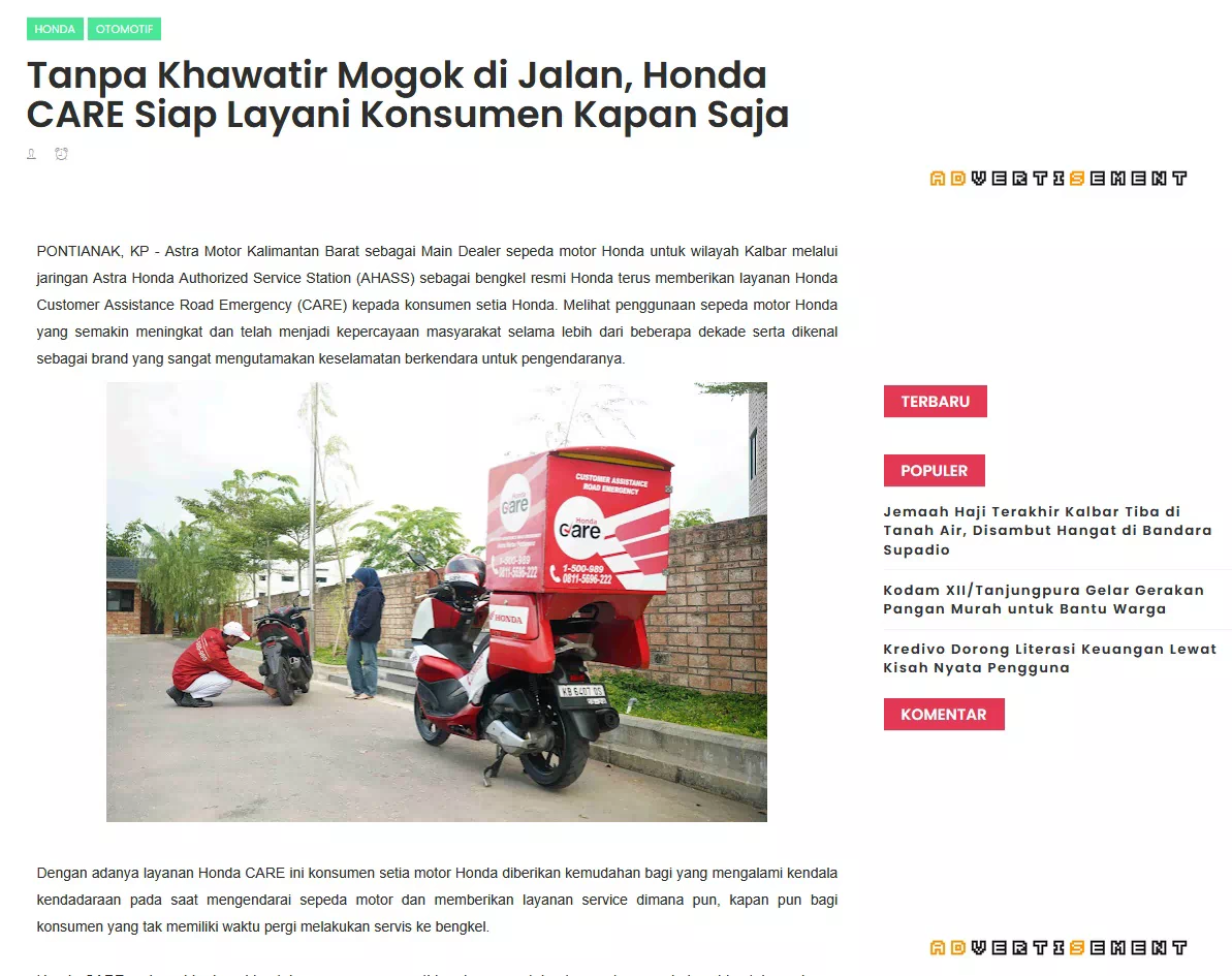 Tanpa Khawatir Mogok di Jalan, Honda CARE Siap Layani Konsumen Kapan Saja