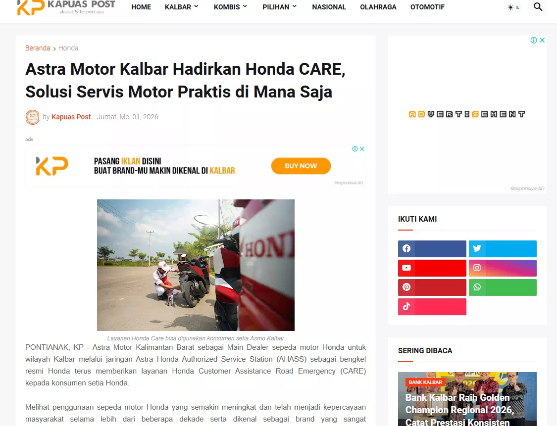 Astra Motor Kalbar Hadirkan Honda CARE, Solusi Servis Motor Praktis di Mana Saja