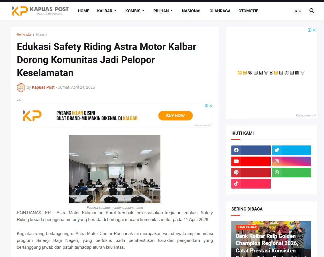 Edukasi Safety Riding Astra Motor Kalbar Dorong Komunitas Jadi Pelopor Keselamatan
