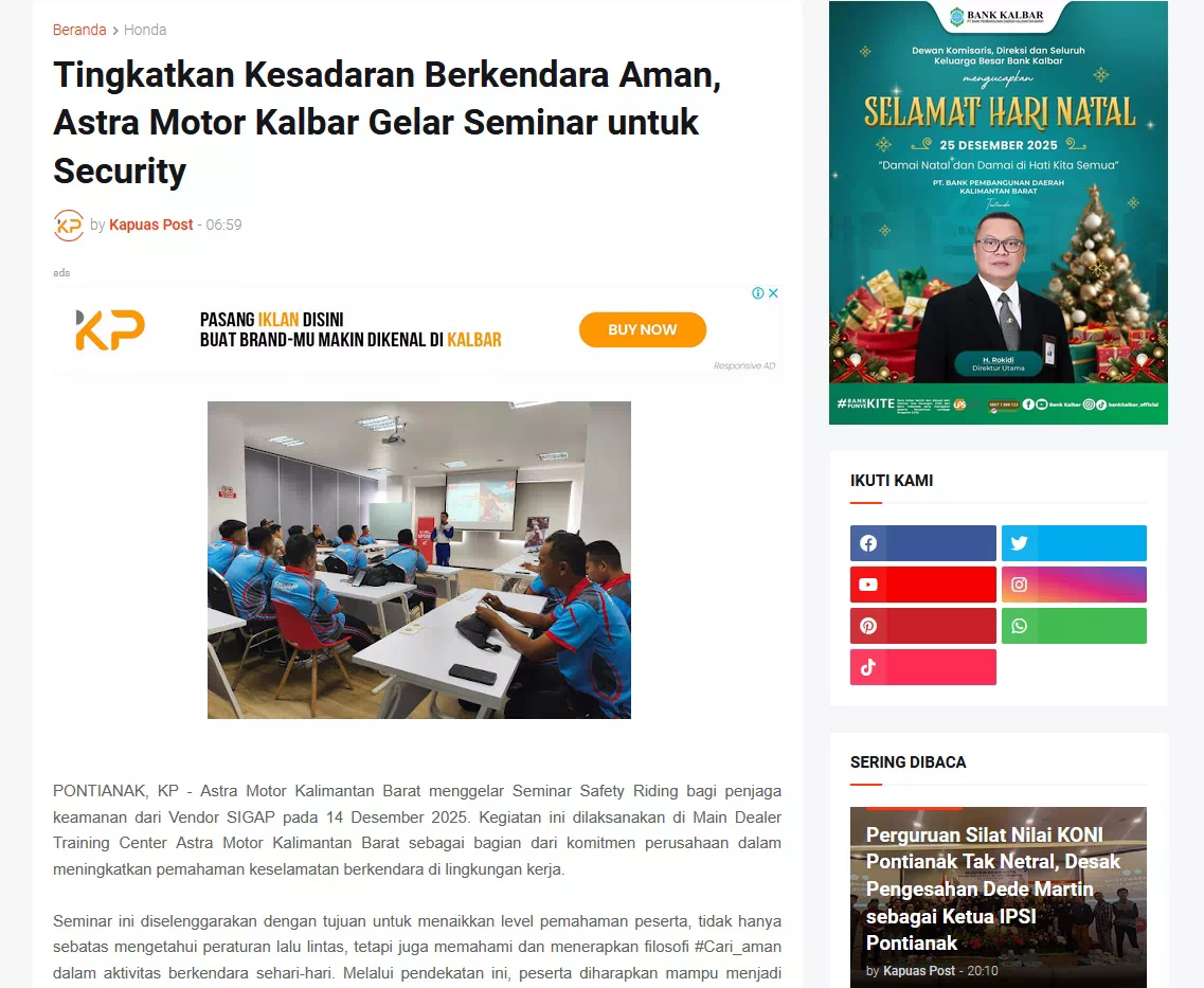 Tingkatkan Kesadaran Berkendara Aman, Astra Motor Kalbar Gelar Seminar untuk Security