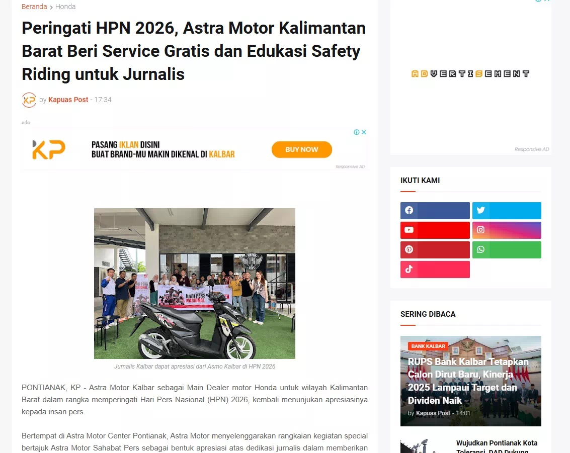 Peringati HPN 2026, Astra Motor Kalimantan Barat Beri Service Gratis dan Edukasi Safety Riding untuk Jurnalis