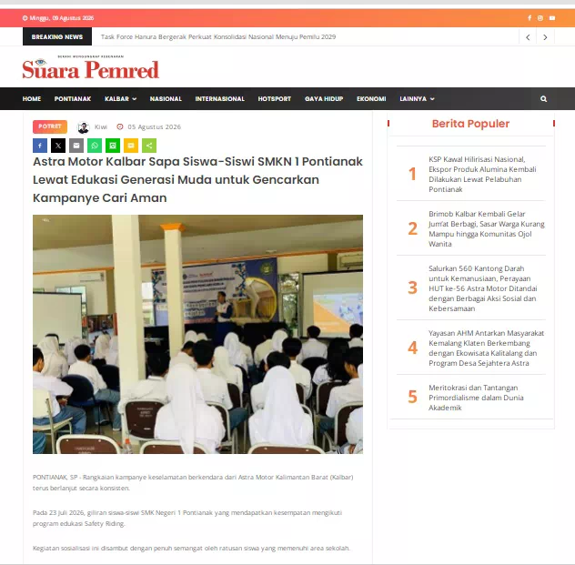 Astra Motor Kalbar Sapa Siswa-Siswi SMKN 1 Pontianak Lewat Edukasi Generasi Muda untuk Gencarkan Kampanye Cari Aman