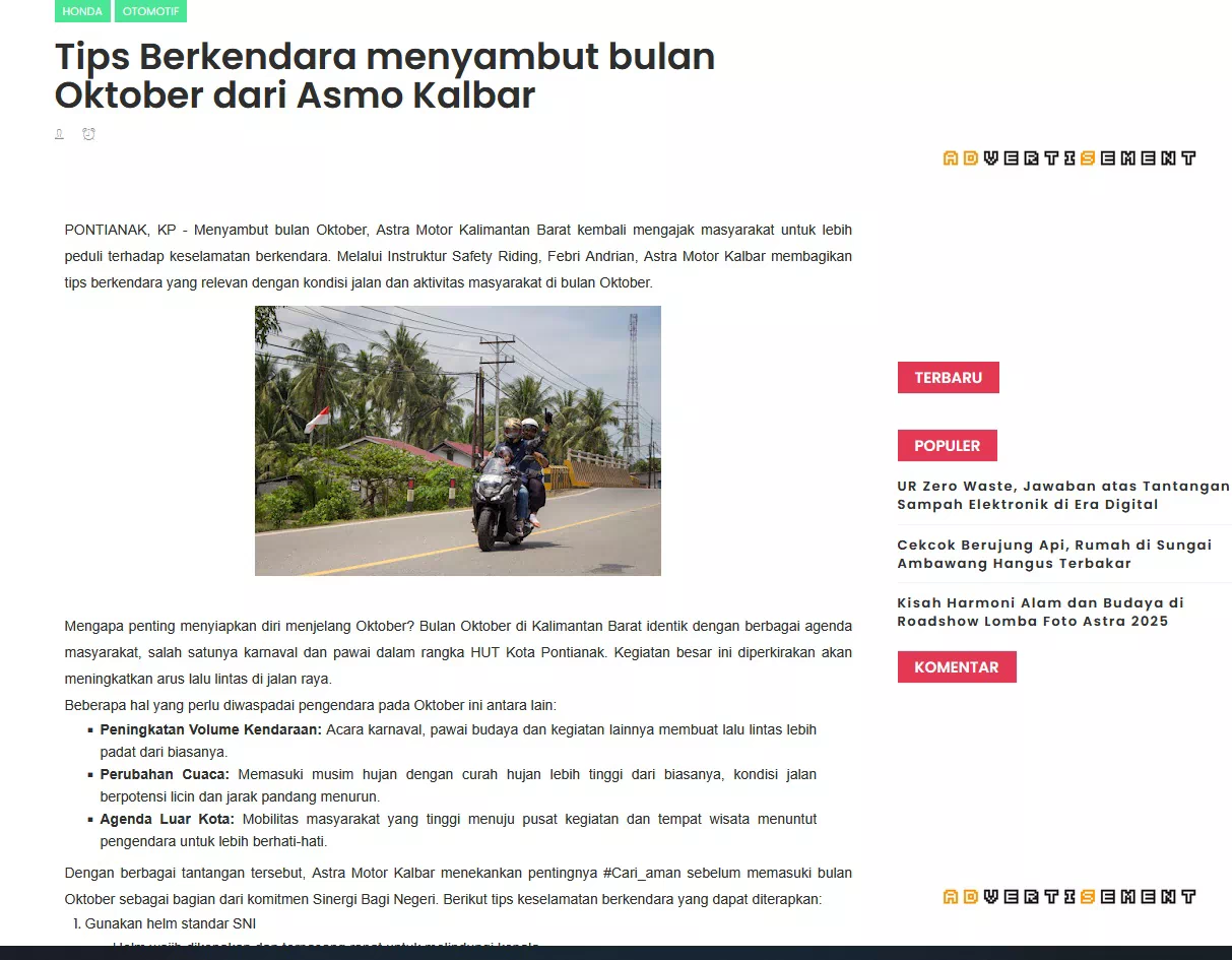 Tips Berkendara menyambut bulan Oktober dari Asmo Kalbar