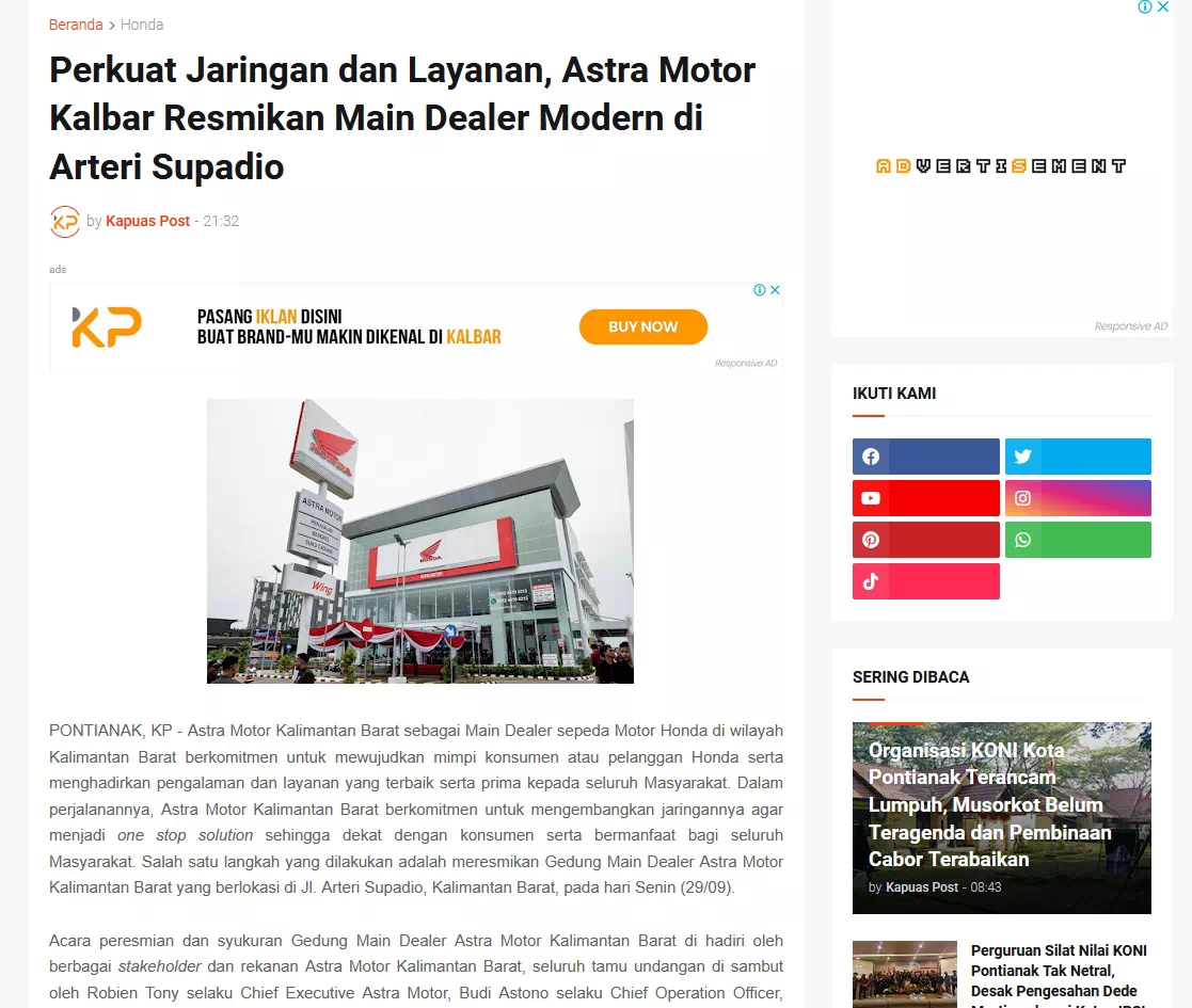 Perkuat Jaringan dan Layanan, Astra Motor Kalbar Resmikan Main Dealer Modern di Arteri Supadio