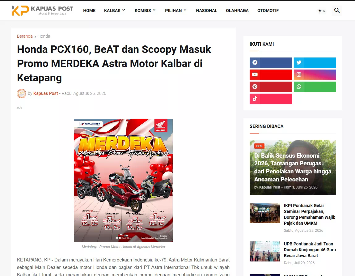 Honda PCX160, BeAT dan Scoopy Masuk Promo MERDEKA Astra Motor Kalbar di Ketapang