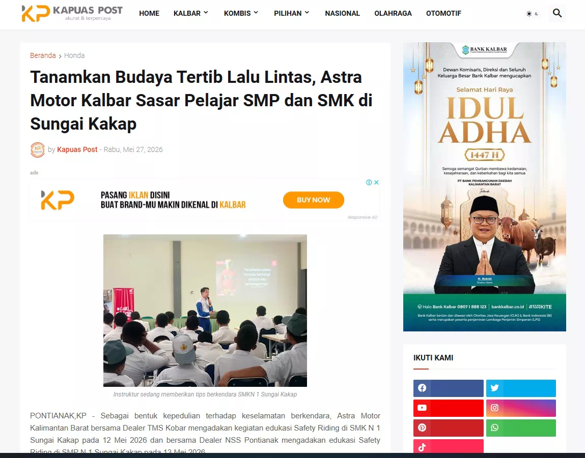 Tanamkan Budaya Tertib Lalu Lintas, Astra Motor Kalbar Sasar Pelajar SMP dan SMK di Sungai Kakap