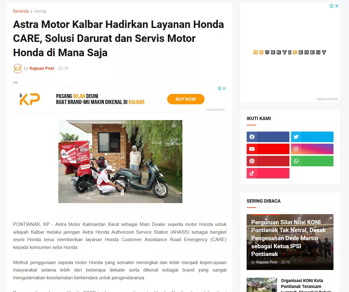 Astra Motor Kalbar Hadirkan Layanan Honda CARE, Solusi Darurat dan Servis Motor Honda di Mana Saja