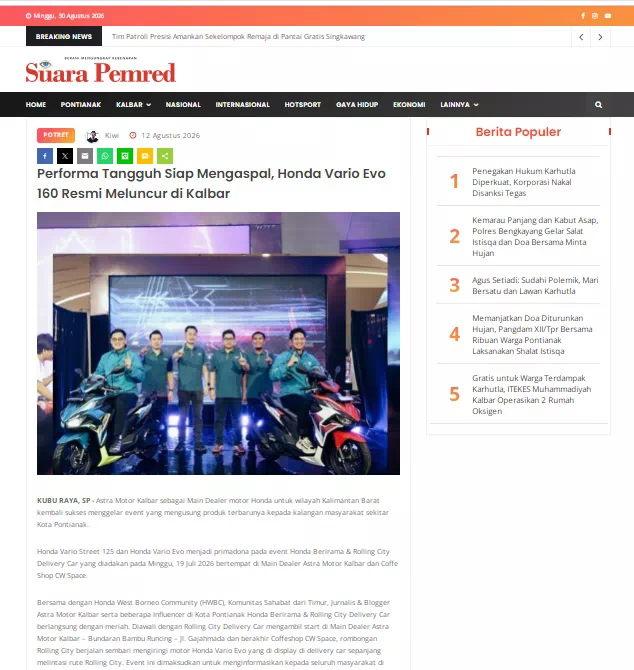Performa Tangguh Siap Mengaspal, Honda Vario Evo 160 Resmi Meluncur di Kalbar
