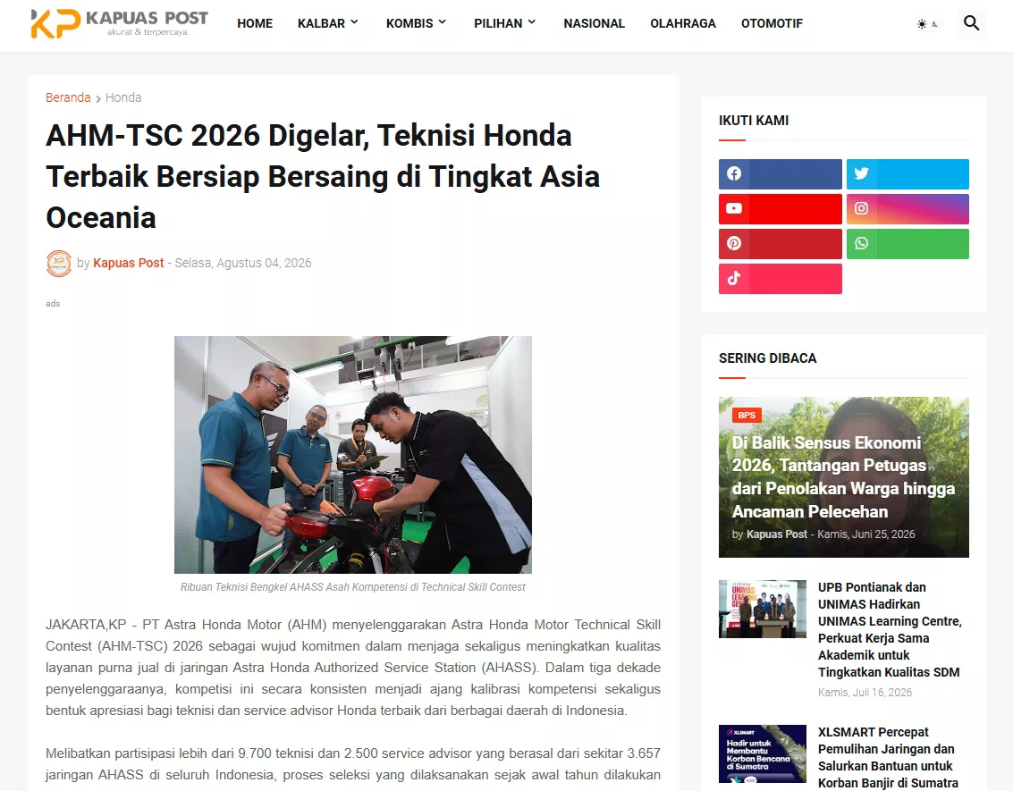 AHM-TSC 2026 Digelar, Teknisi Honda Terbaik Bersiap Bersaing di Tingkat Asia Oceania